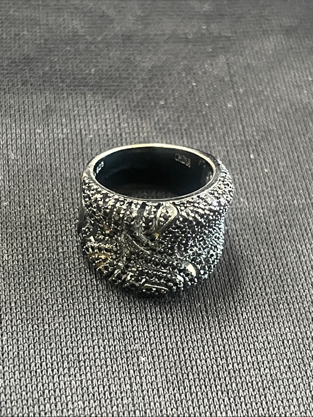 925 Sterling Silver Black Textured Dragon Signet Ring